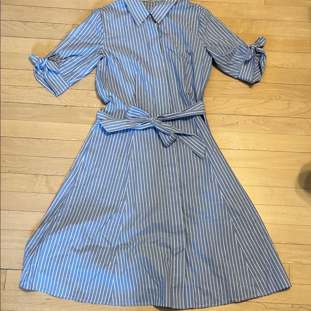 Calvin Klein Blue and White Striped Long Sleeve Dress